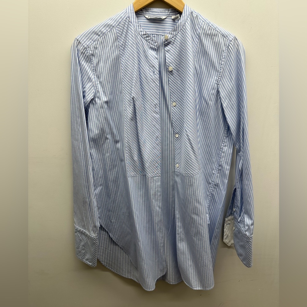 Helmut Lang blue and white button down shirt.